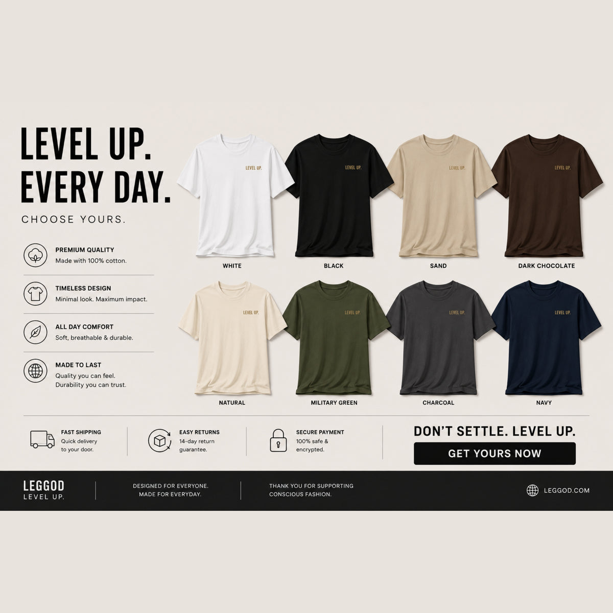 Level Up T-Shirt | Motivational Gym Shirt | Self Improvement Graphic Tee | Minimalist Success Shirt | Unisex Cotton Tee | LEGGOD