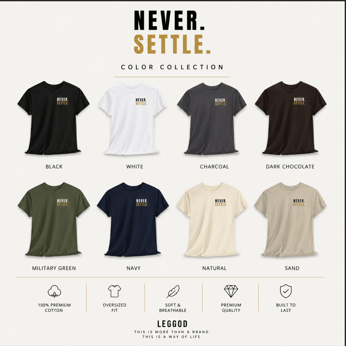 Never Settle T-Shirt | Motivational Graphic Tee | Success Mindset Shirt | Gym & Entrepreneur Shirt | Unisex Cotton Tee | LEGGOD