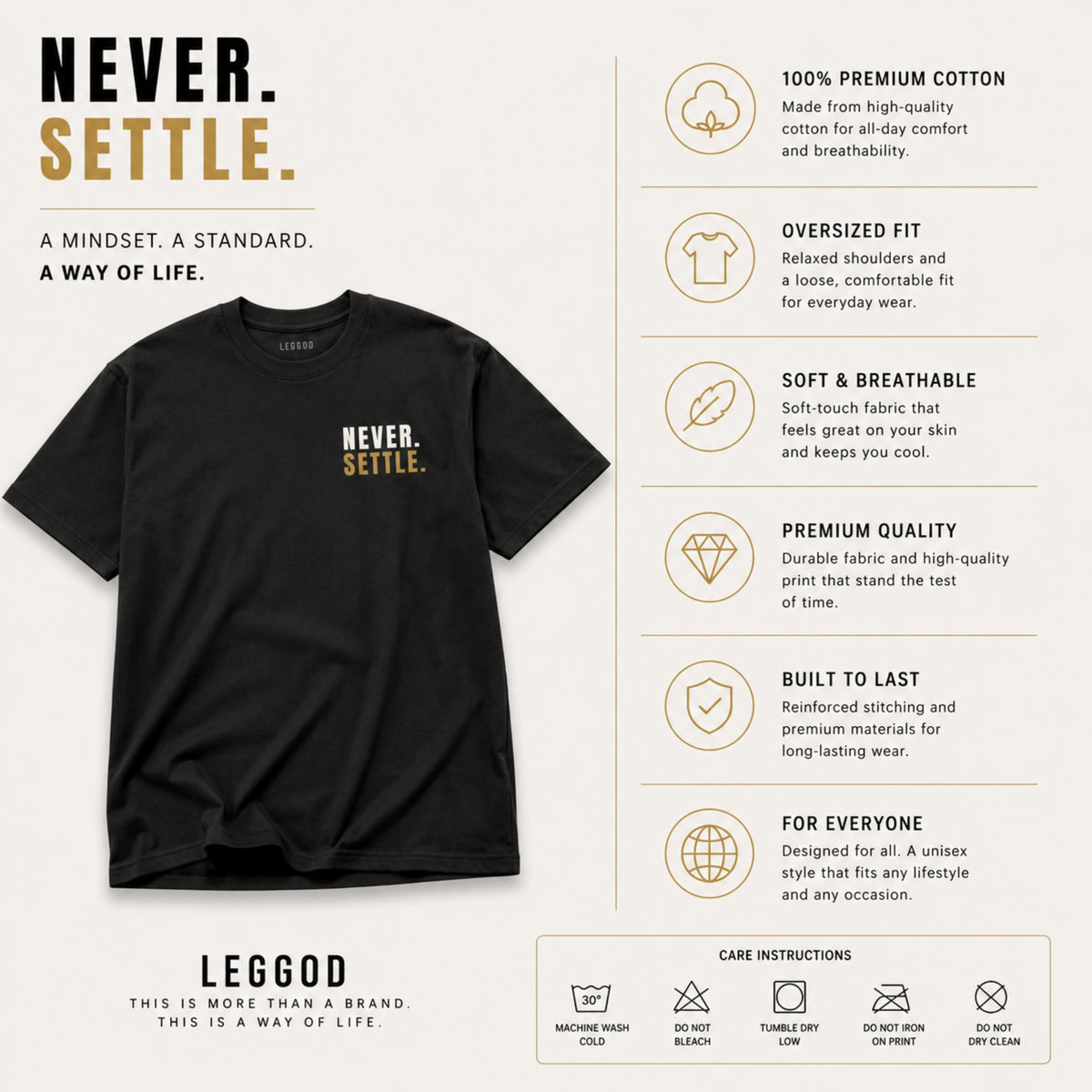 Never Settle T-Shirt | Motivational Graphic Tee | Success Mindset Shirt | Gym & Entrepreneur Shirt | Unisex Cotton Tee | LEGGOD