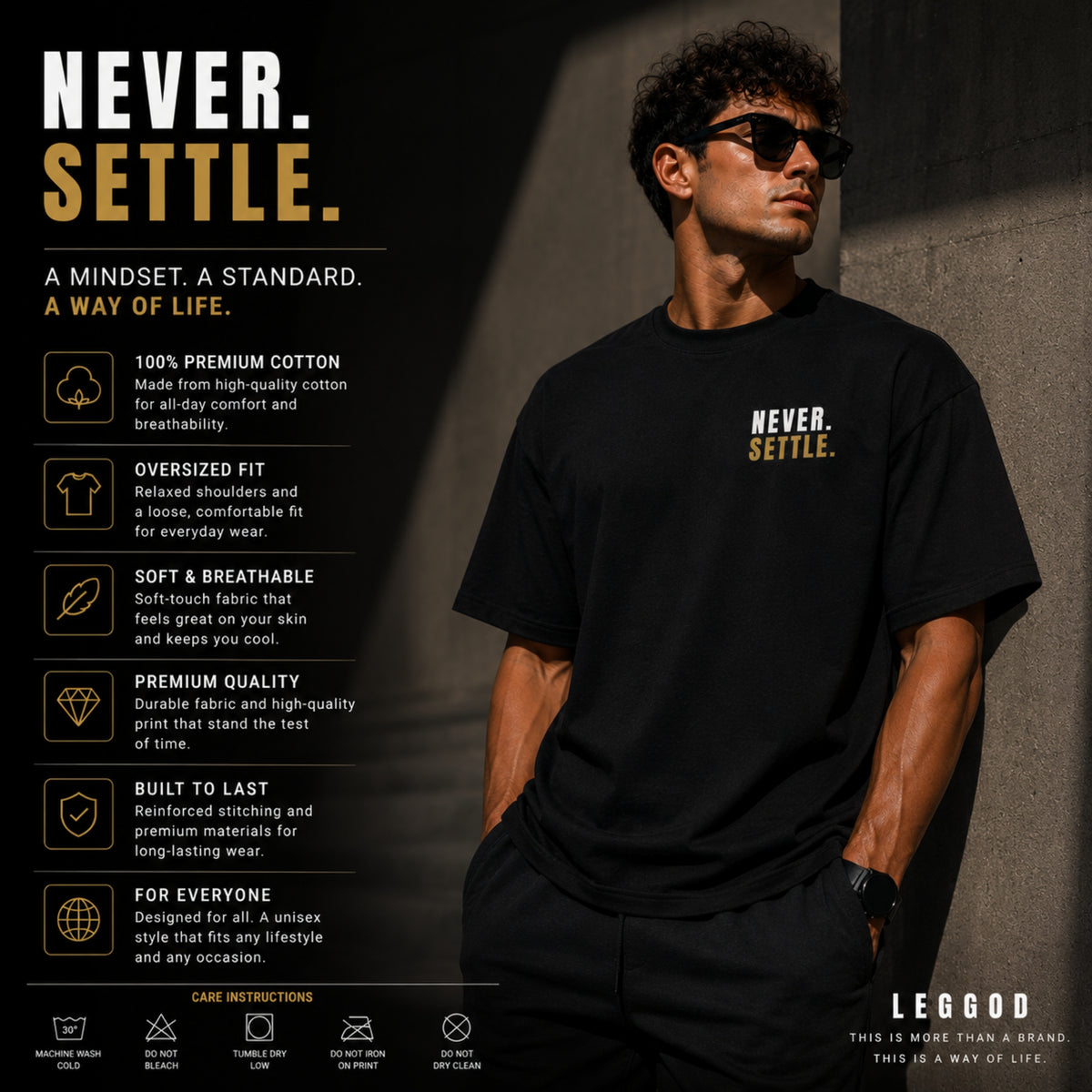 Never Settle T-Shirt | Motivational Graphic Tee | Success Mindset Shirt | Gym & Entrepreneur Shirt | Unisex Cotton Tee | LEGGOD