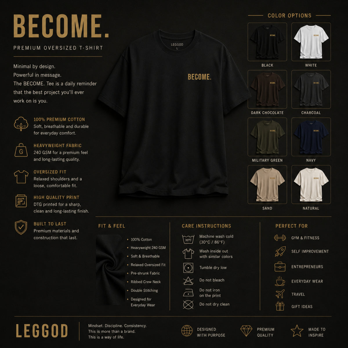Become T-Shirt | Motivational Graphic Tee | Self Growth Shirt | Minimalist Mindset Tee | Unisex Cotton Shirt | LEGGOD