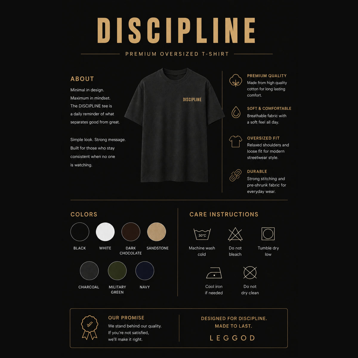 Discipline T-Shirt | Minimalist Motivational Graphic Tee | Success Mindset Shirt | Unisex Cotton Shirt | Gym & Streetwear | LEGGOD