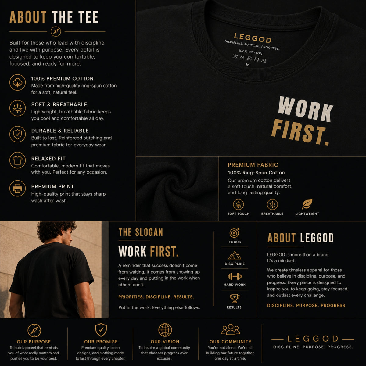 WORK FIRST™ Motivational T-Shirt – Premium Unisex Cotton Productivity & Discipline Tee | LEGGOD