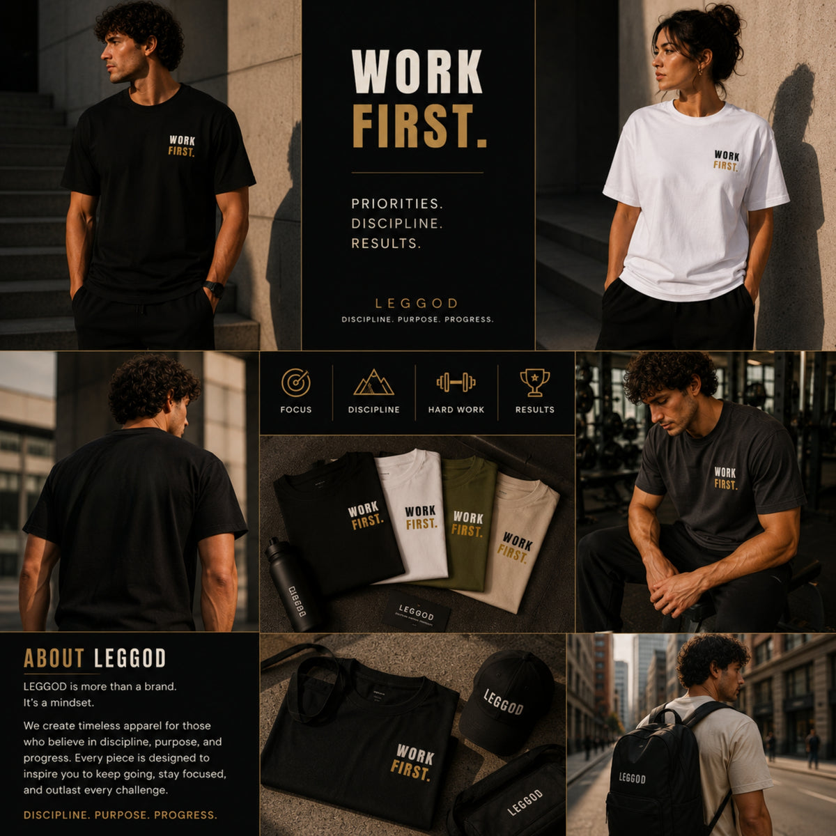WORK FIRST™ Motivational T-Shirt – Premium Unisex Cotton Productivity & Discipline Tee | LEGGOD