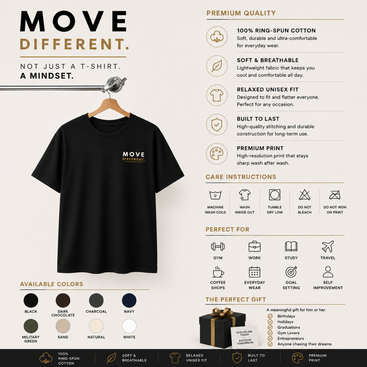 Move Different Minimalist T-Shirt, Motivational Gym Shirt, Mindset Graphic Tee, Unisex Heavy Cotton Streetwear Gift for Men Women