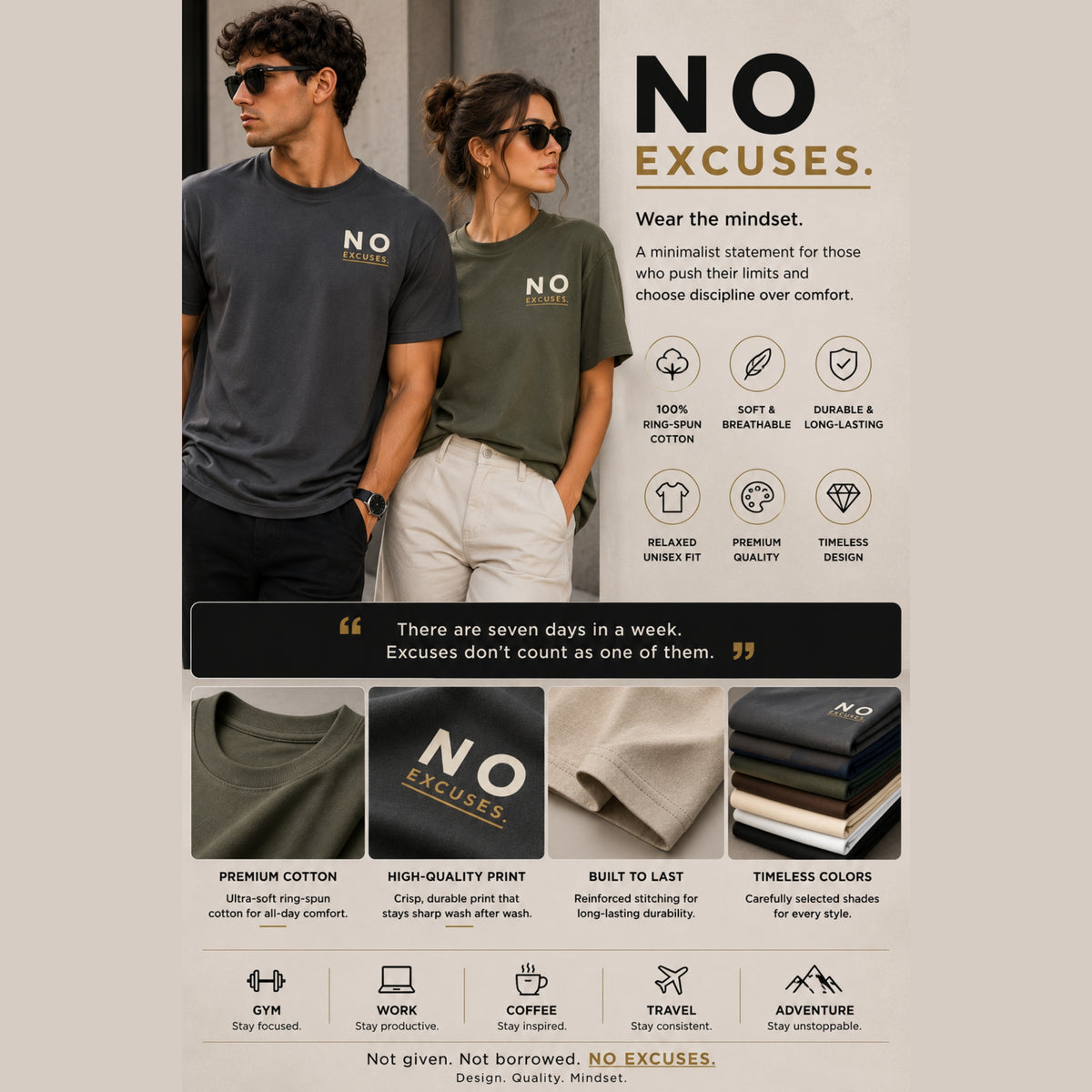 No Excuses Minimalist T-Shirt, Motivational Gym Shirt, Discipline Mindset Tee, Unisex Heavy Cotton Graphic Tee, Streetwear Gift