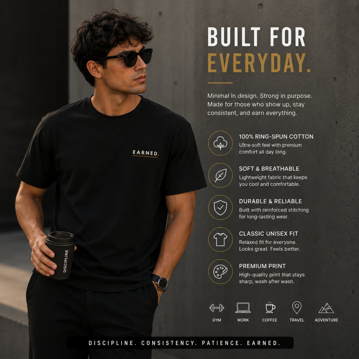 Earned Minimalist T-Shirt, Motivational Gym Shirt, Discipline Mindset Tee, Unisex Heavy Cotton Graphic Tee, Streetwear Gift