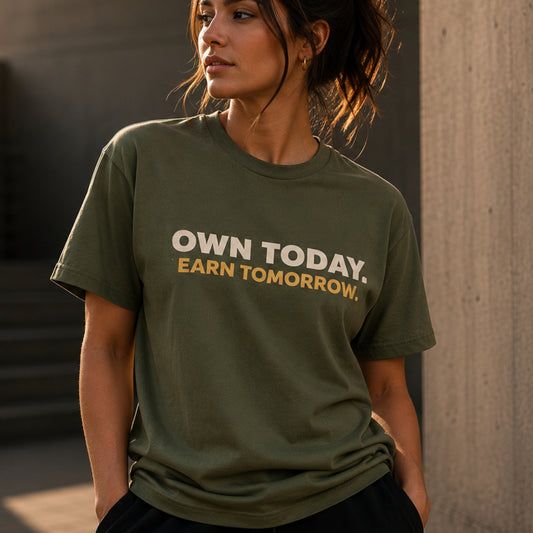 OWN TODAY. EARN TOMORROW. Motivational T-Shirt | Minimalist Success Mindset Tee | Unisex Gym & Streetwear | LEGGOD