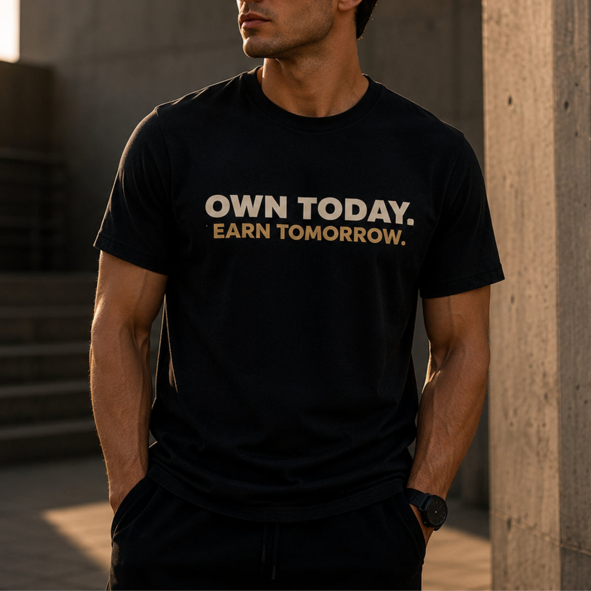 OWN TODAY. EARN TOMORROW. Motivational T-Shirt | Minimalist Success Mindset Tee | Unisex Gym & Streetwear | LEGGOD