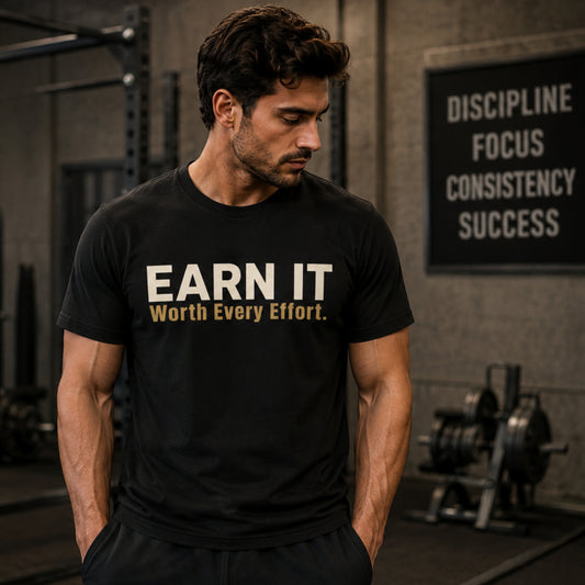 EARN IT. Worth Every Effort. Motivational Gym T-Shirt | Success Mindset Graphic Tee | Unisex Heavy Cotton Shirt | LEGGOD