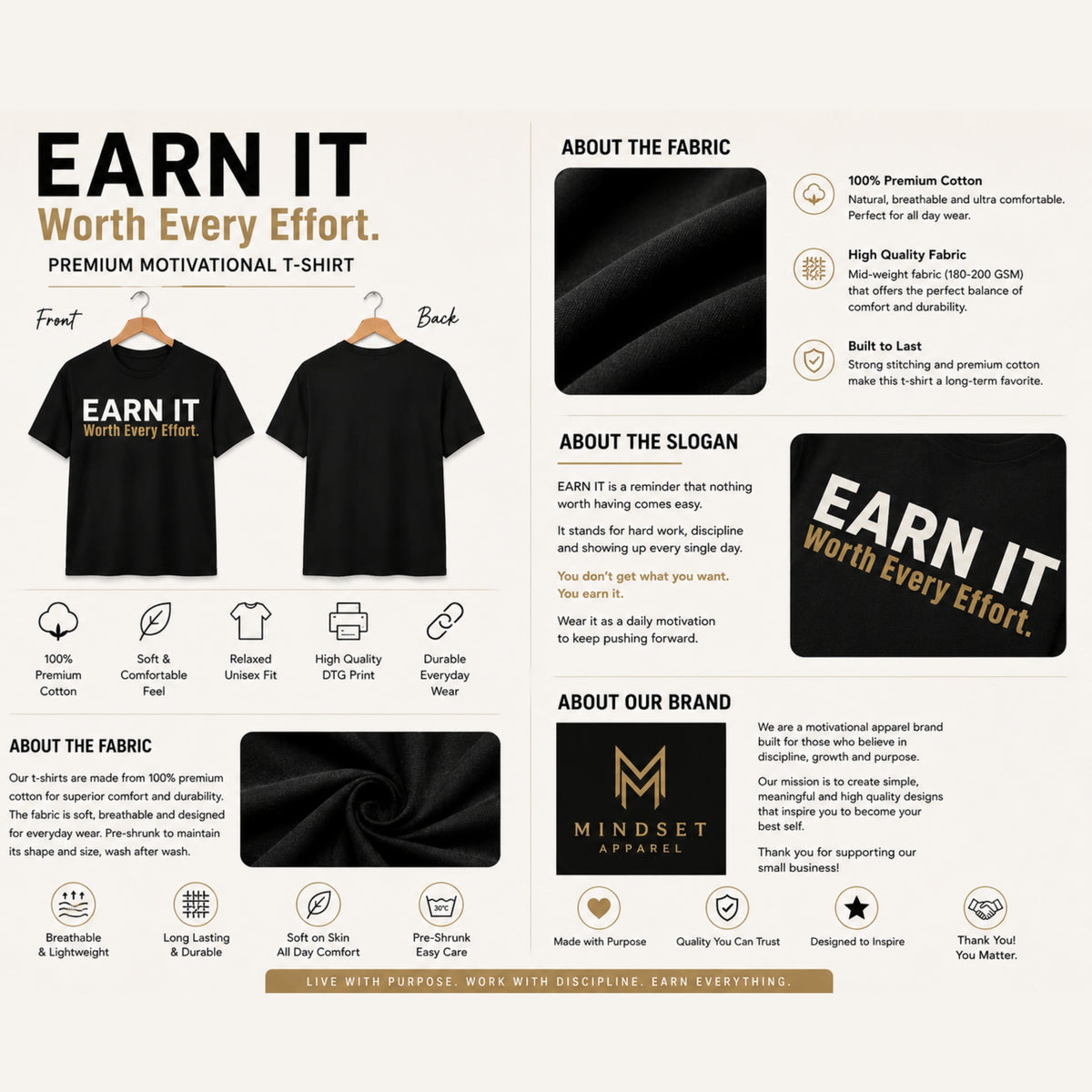 EARN IT.™ Motivational Gym T-Shirt – Premium Heavyweight Unisex Cotton Success Mindset Tee | LEGGOD