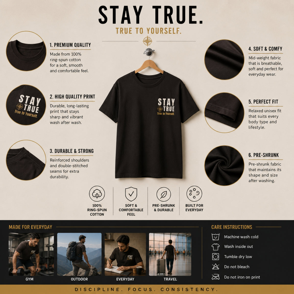 STAY TRUE. True to Yourself. Motivational T-Shirt | Minimalist Mindset Graphic Tee | Unisex Heavy Cotton Shirt | LEGGOD