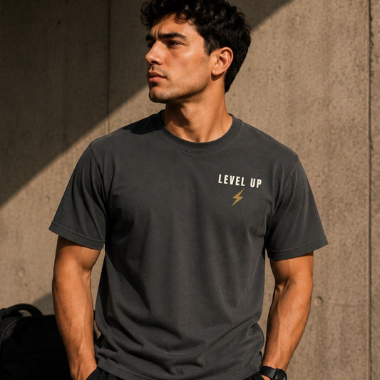 LEVEL UP Lightning Graphic T-Shirt – Motivational Gym Shirt for Men & Women | Fitness Workout Tee | Minimal Streetwear | LEGGOD