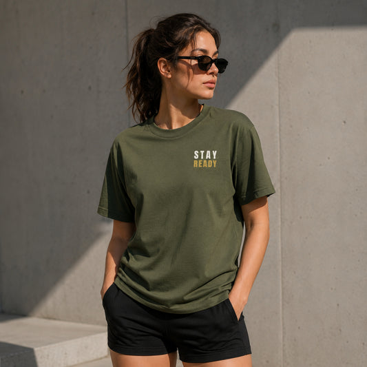 STAY READY Motivational T-Shirt – Minimal Gym Shirt for Men & Women | Fitness Graphic Tee | Military Green Streetwear | LEGGOD