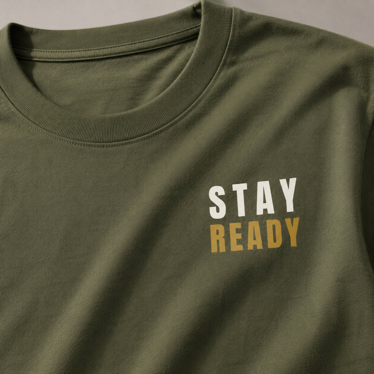 STAY READY Motivational T-Shirt – Minimal Gym Shirt for Men & Women | Fitness Graphic Tee | Military Green Streetwear | LEGGOD