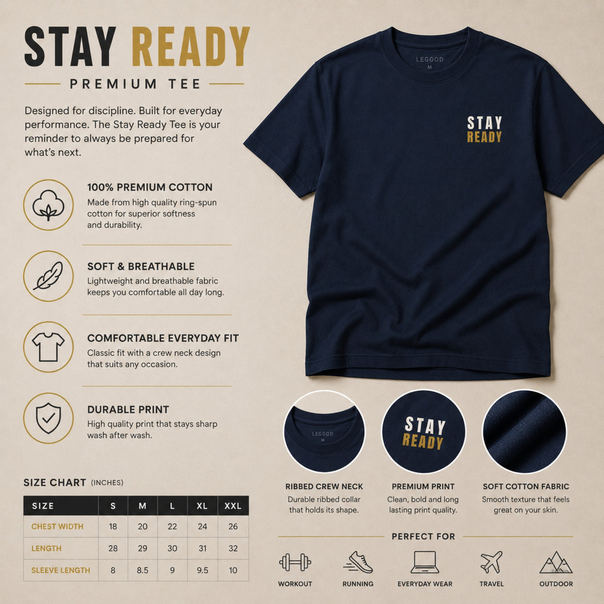 STAY READY Motivational T-Shirt – Minimal Gym Shirt for Men & Women | Fitness Graphic Tee | Military Green Streetwear | LEGGOD