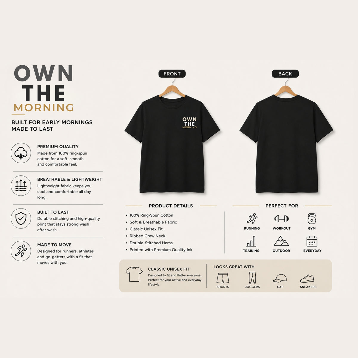 OWN THE MORNING Motivational T-Shirt – Minimal Gym Shirt for Men | Morning Routine Graphic Tee | Premium Streetwear | LEGGOD