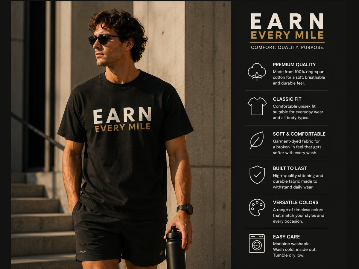 Earn Every Mile Motivational T-Shirt | Inspirational Graphic Tee | Unisex Cotton Shirt | Gym & Running Mindset Apparel | LEGGOD