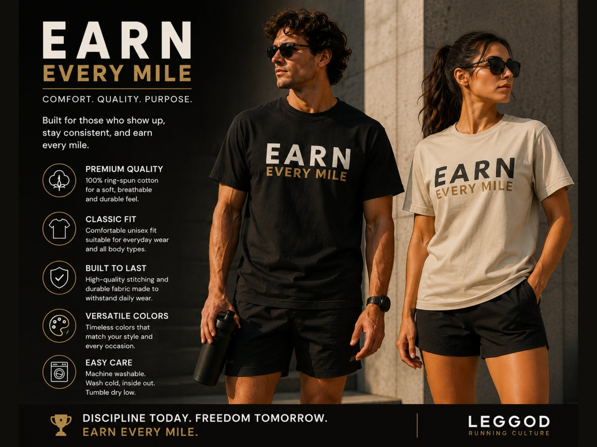 Earn Every Mile Motivational T-Shirt | Inspirational Graphic Tee | Unisex Cotton Shirt | Gym & Running Mindset Apparel | LEGGOD