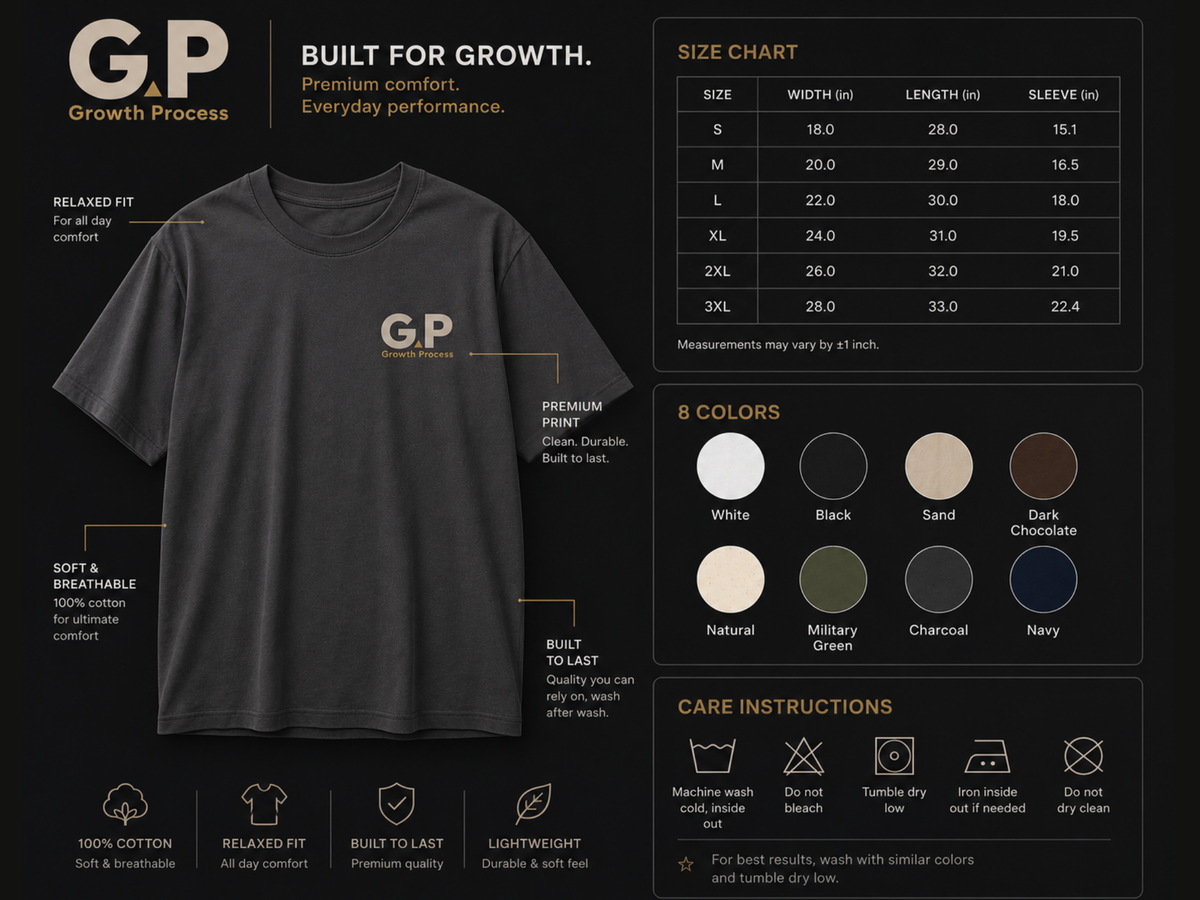 Growth Process GP Minimalist T-Shirt | Motivational Graphic Tee | Unisex Cotton Shirt | Personal Growth Apparel | LEGGOD