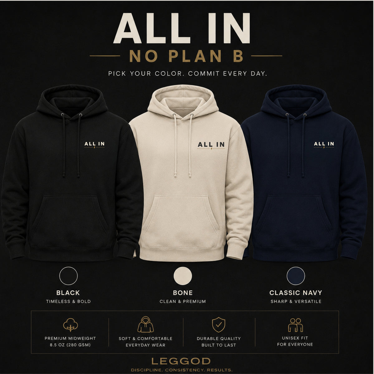 ALL IN. NO PLAN B.™ Motivational Hoodie – Premium Heavyweight Unisex Pullover | LEGGOD