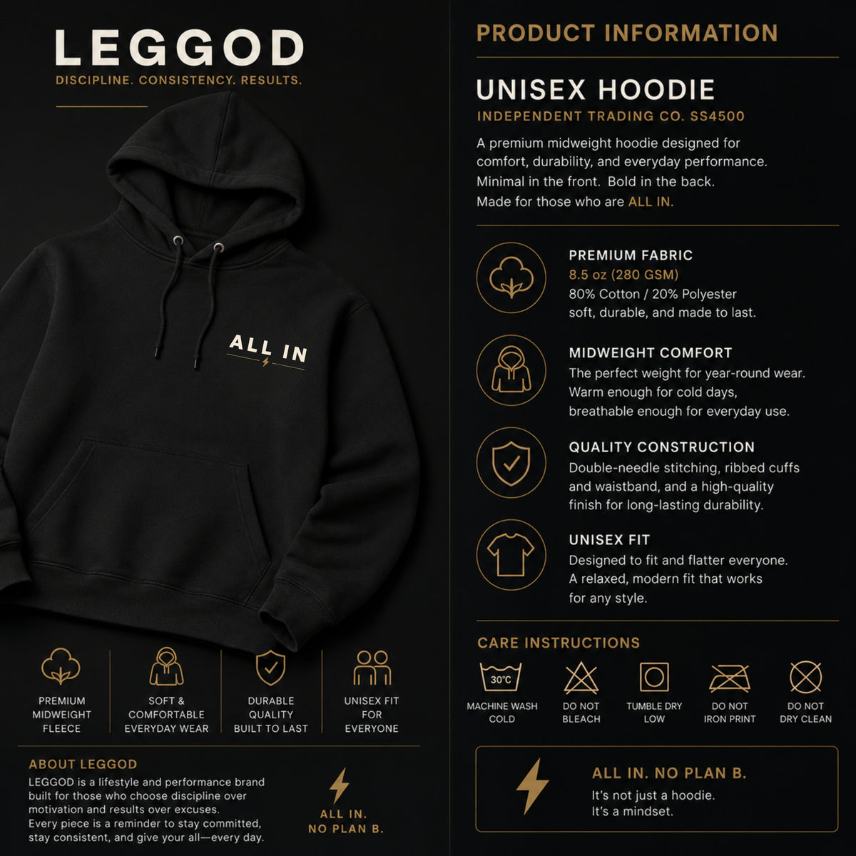 ALL IN. NO PLAN B.™ Motivational Hoodie – Premium Heavyweight Unisex Pullover | LEGGOD