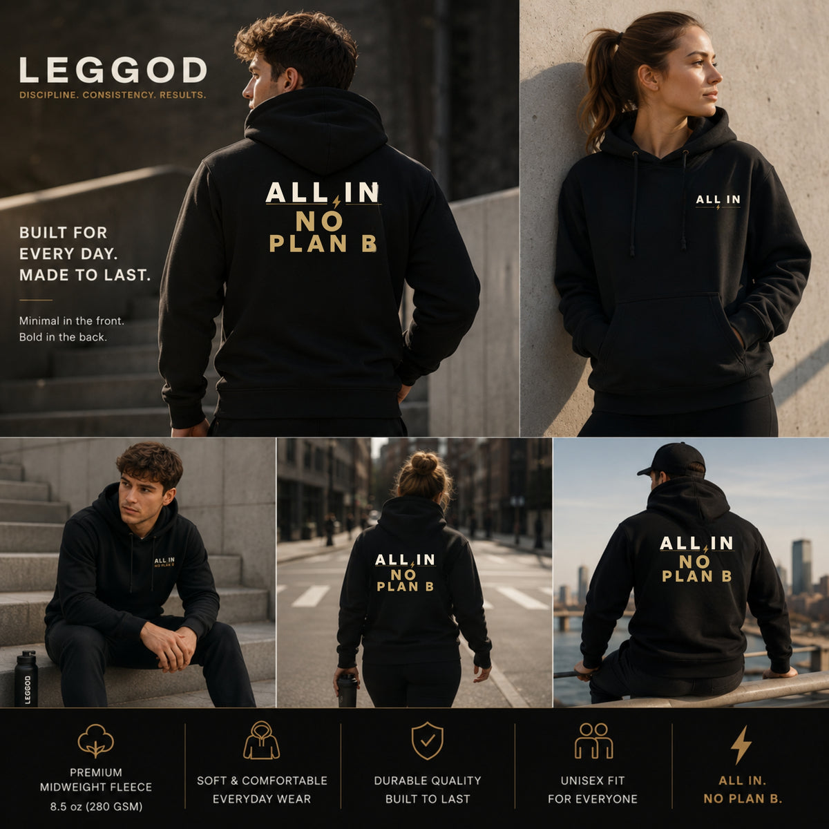 ALL IN. NO PLAN B.™ Motivational Hoodie – Premium Heavyweight Unisex Pullover | LEGGOD