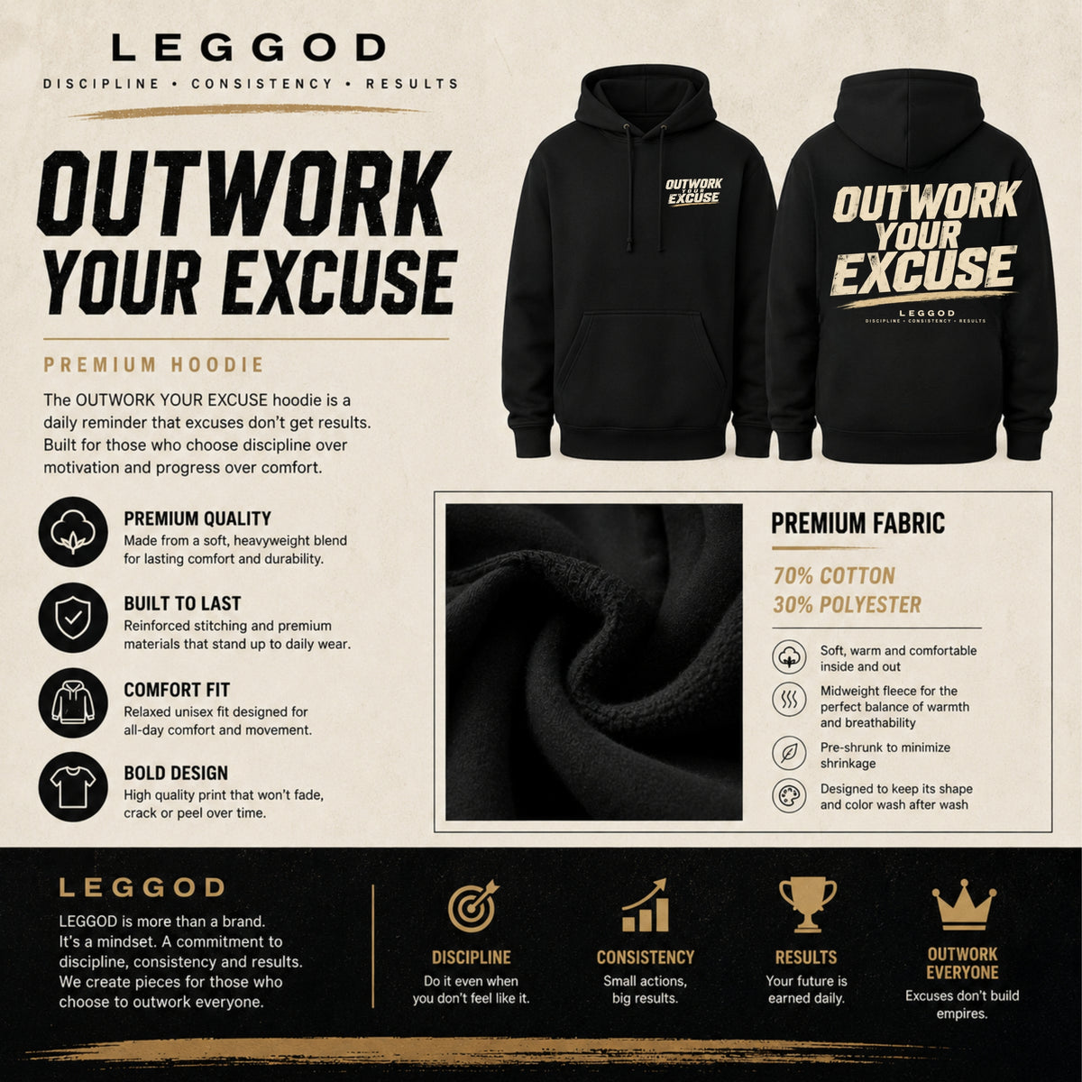 OUTWORK YOUR EXCUSE Premium Unisex Hoodie | Motivational Heavyweight Pullover Hoodie | Gym Hoodie | Streetwear | LEGGOD