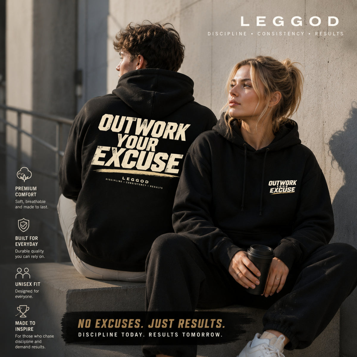 OUTWORK YOUR EXCUSE Premium Unisex Hoodie | Motivational Heavyweight Pullover Hoodie | Gym Hoodie | Streetwear | LEGGOD
