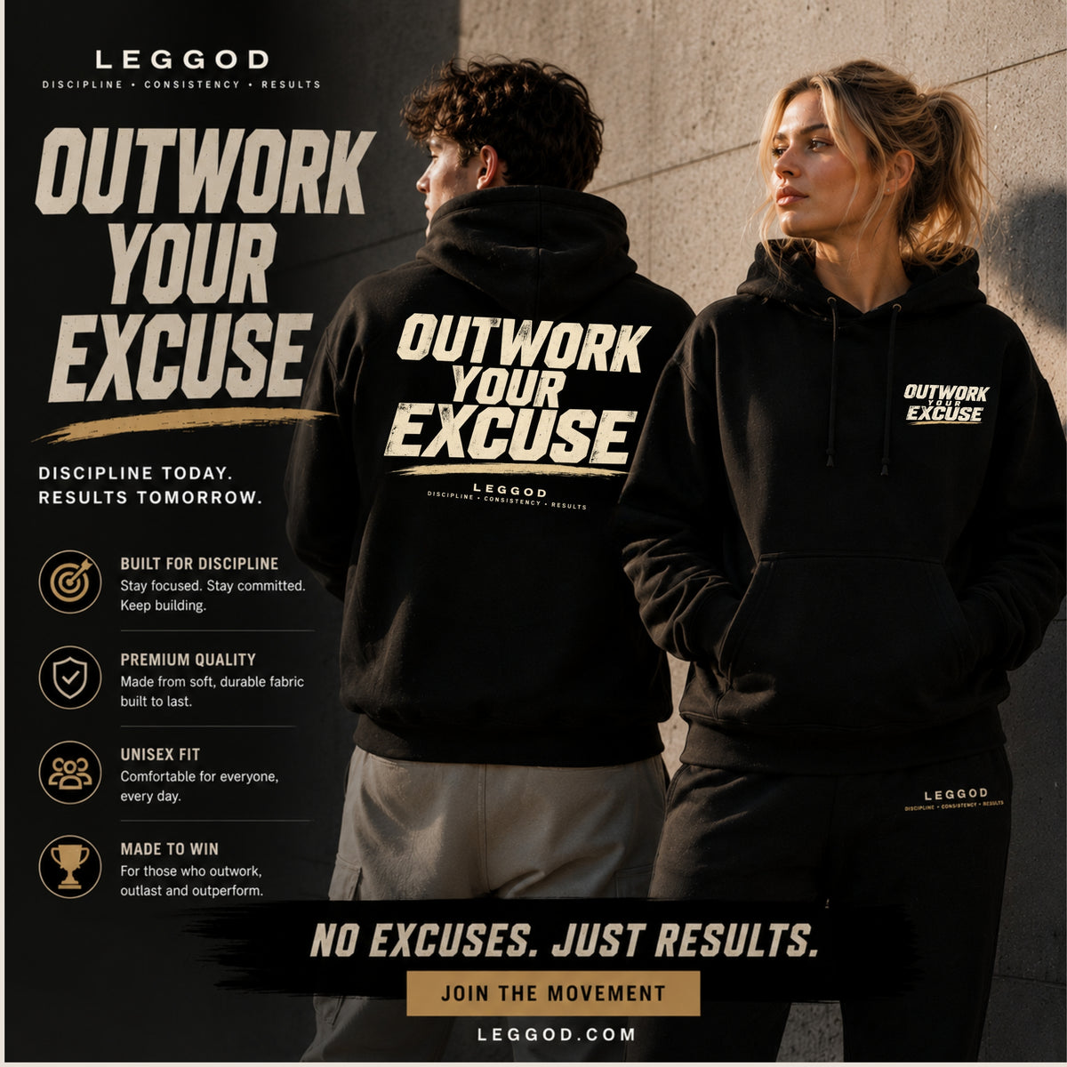 OUTWORK YOUR EXCUSE Premium Unisex Hoodie | Motivational Heavyweight Pullover Hoodie | Gym Hoodie | Streetwear | LEGGOD
