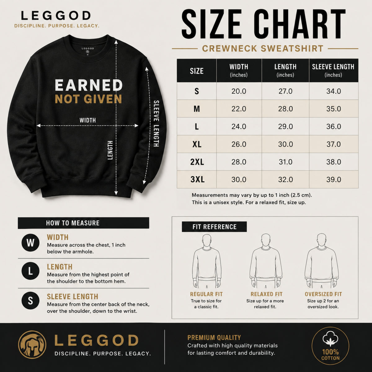EARNED NOT GIVEN Sweatshirt | Motivational Crewneck Sweatshirt | Unisex Premium Fleece Pullover | Gym & Streetwear | LEGGOD