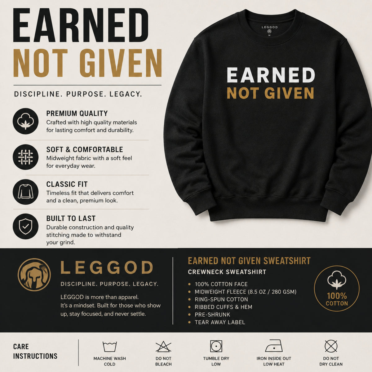 EARNED NOT GIVEN Sweatshirt | Motivational Crewneck Sweatshirt | Unisex Premium Fleece Pullover | Gym & Streetwear | LEGGOD