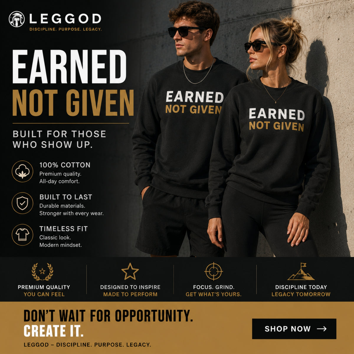 EARNED NOT GIVEN Sweatshirt | Motivational Crewneck Sweatshirt | Unisex Premium Fleece Pullover | Gym & Streetwear | LEGGOD