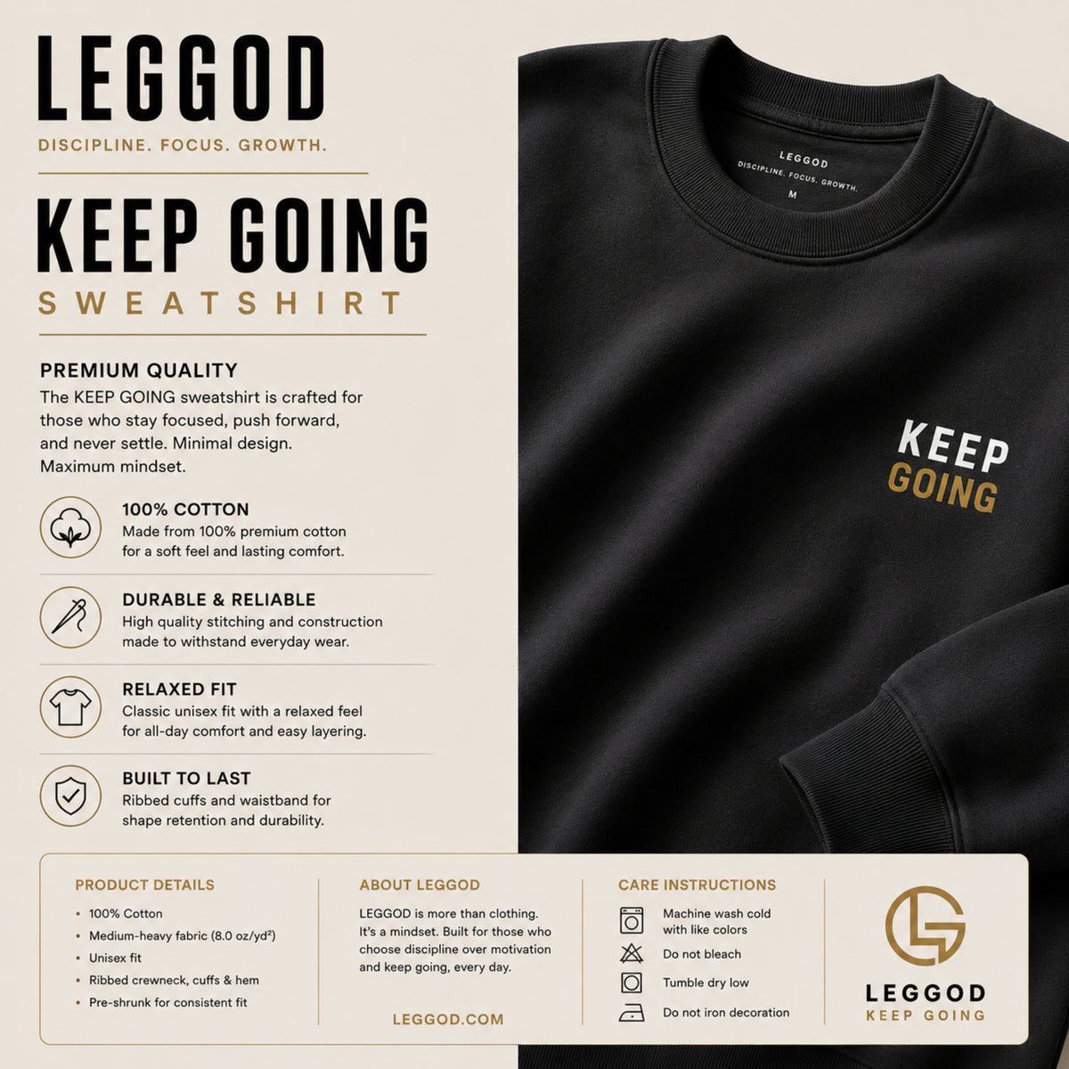 KEEP GOING Sweatshirt | Minimalist Motivational Crewneck Sweatshirt | Premium Unisex Fleece | Streetwear | LEGGOD