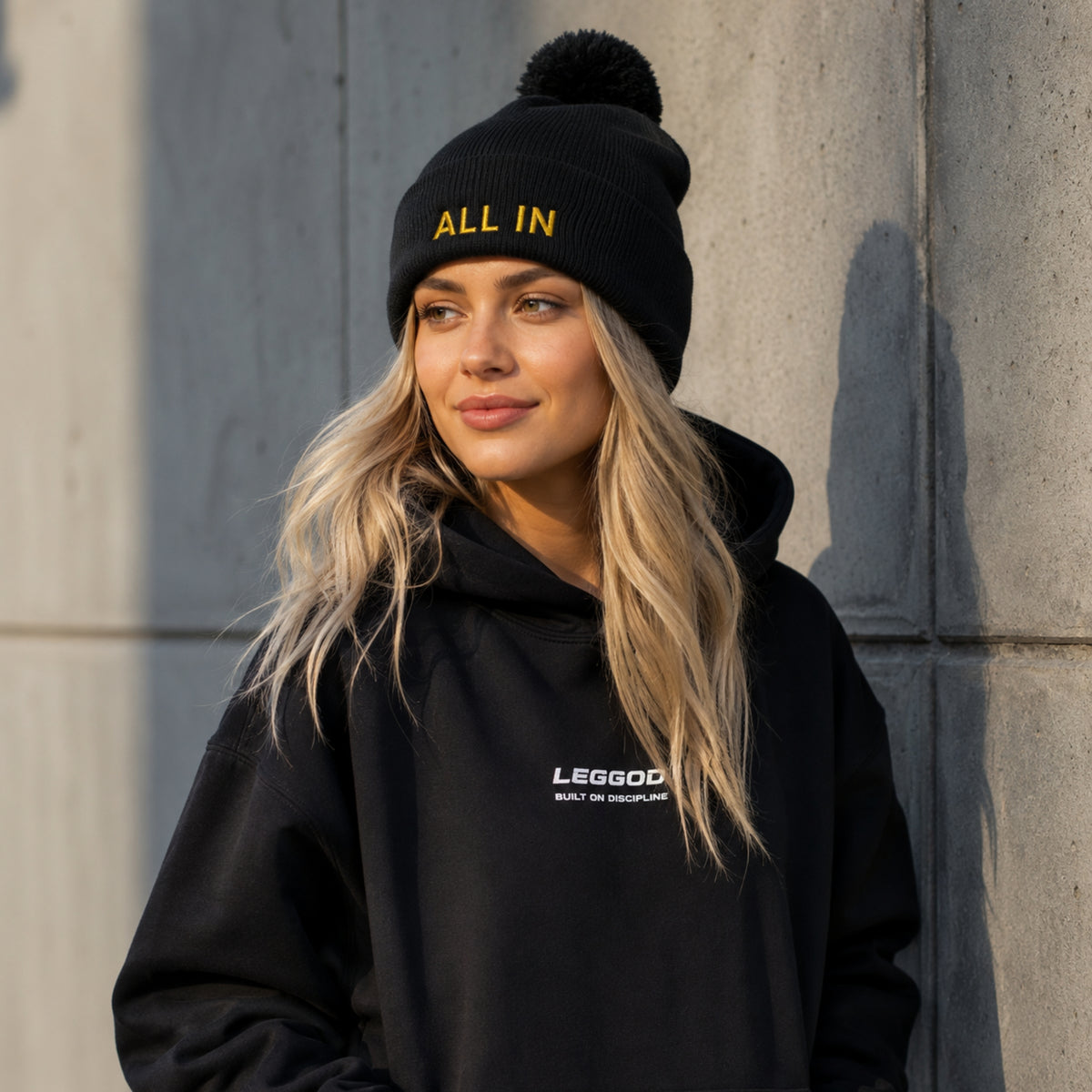 ALL IN Beanie | Premium Embroidered Pom Pom Beanie | Minimalist Winter Hat | Unisex Knit Beanie | LEGGOD