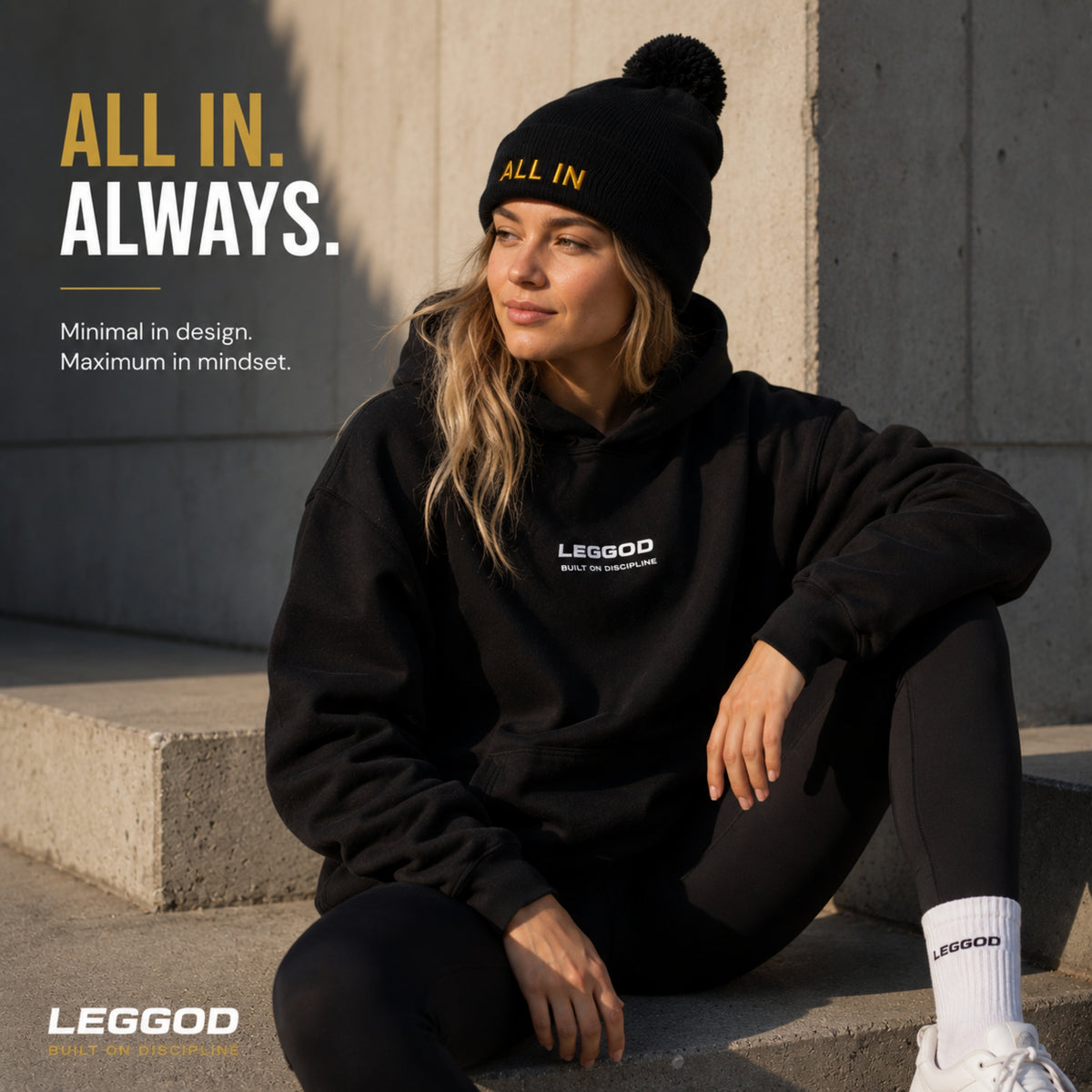 ALL IN Beanie | Premium Embroidered Pom Pom Beanie | Minimalist Winter Hat | Unisex Knit Beanie | LEGGOD
