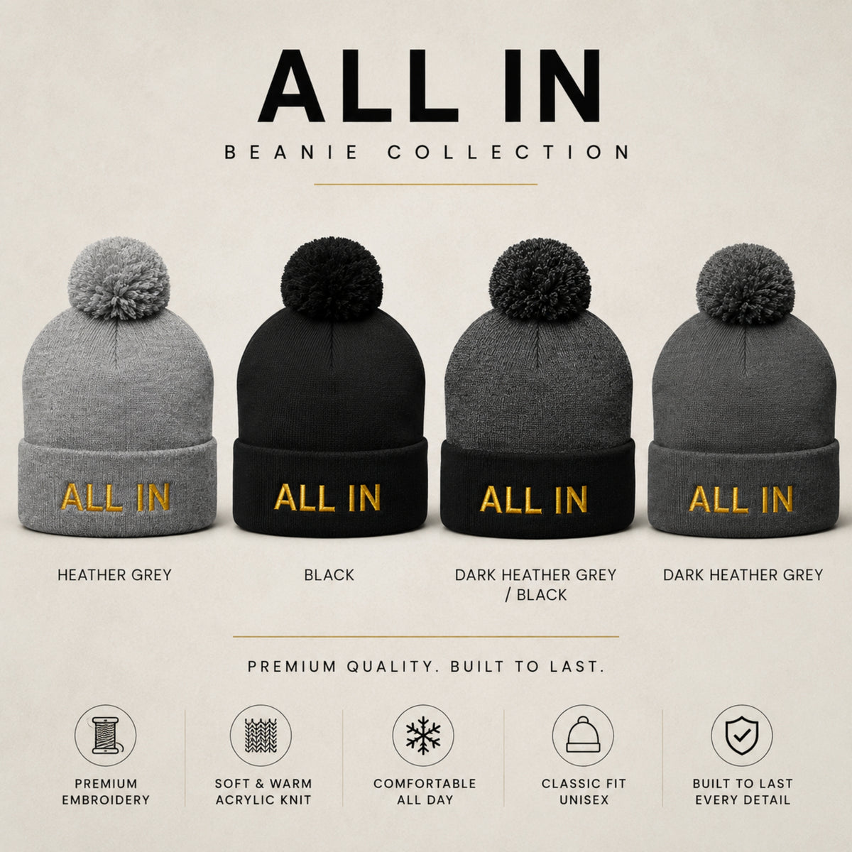 ALL IN Beanie | Premium Embroidered Pom Pom Beanie | Minimalist Winter Hat | Unisex Knit Beanie | LEGGOD