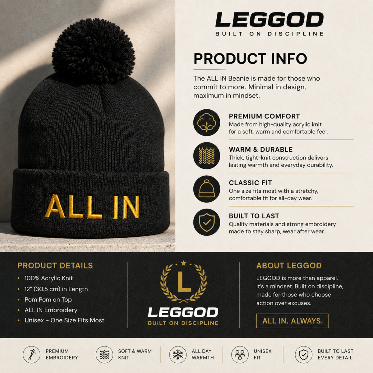 ALL IN Beanie | Premium Embroidered Pom Pom Beanie | Minimalist Winter Hat | Unisex Knit Beanie | LEGGOD