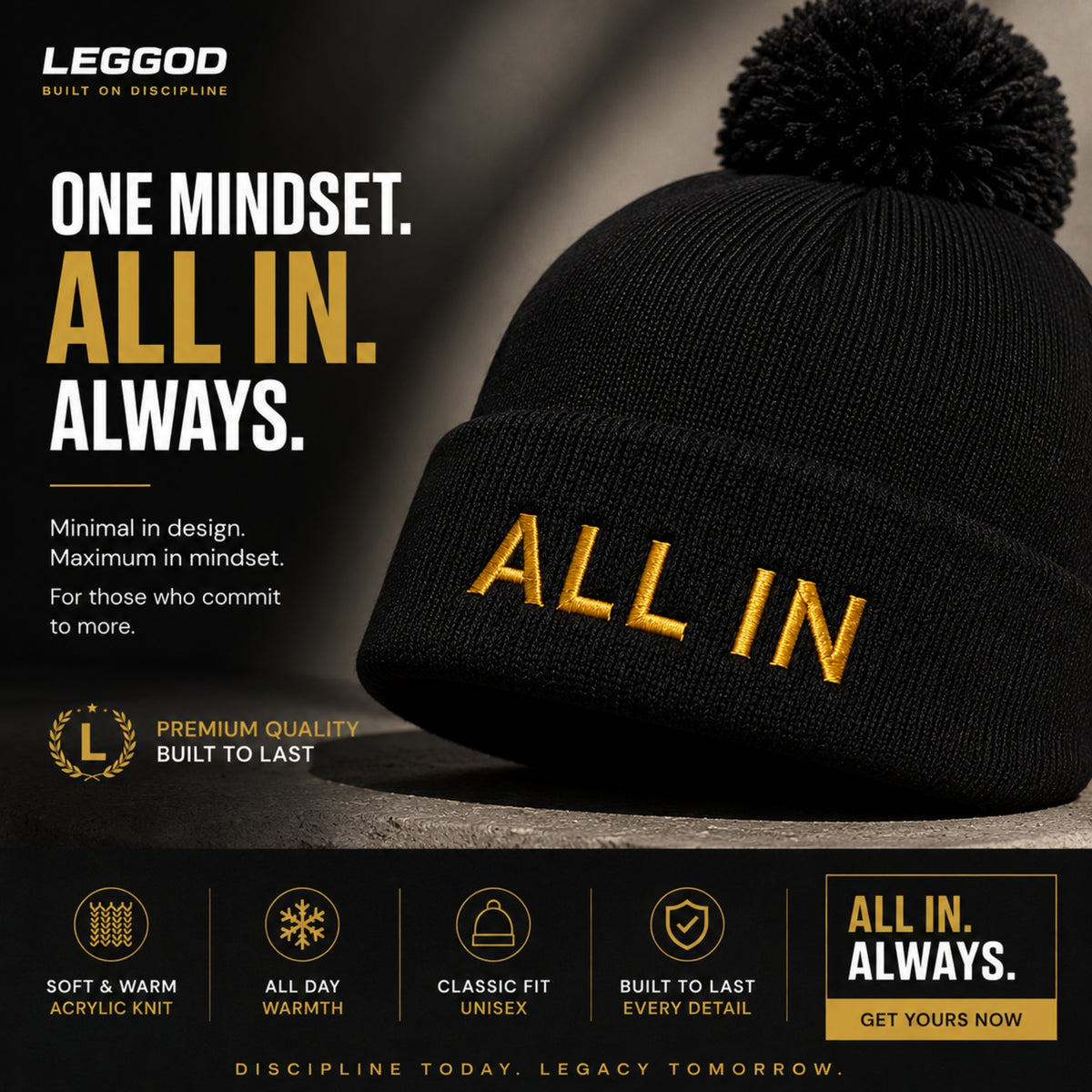 ALL IN Beanie | Premium Embroidered Pom Pom Beanie | Minimalist Winter Hat | Unisex Knit Beanie | LEGGOD