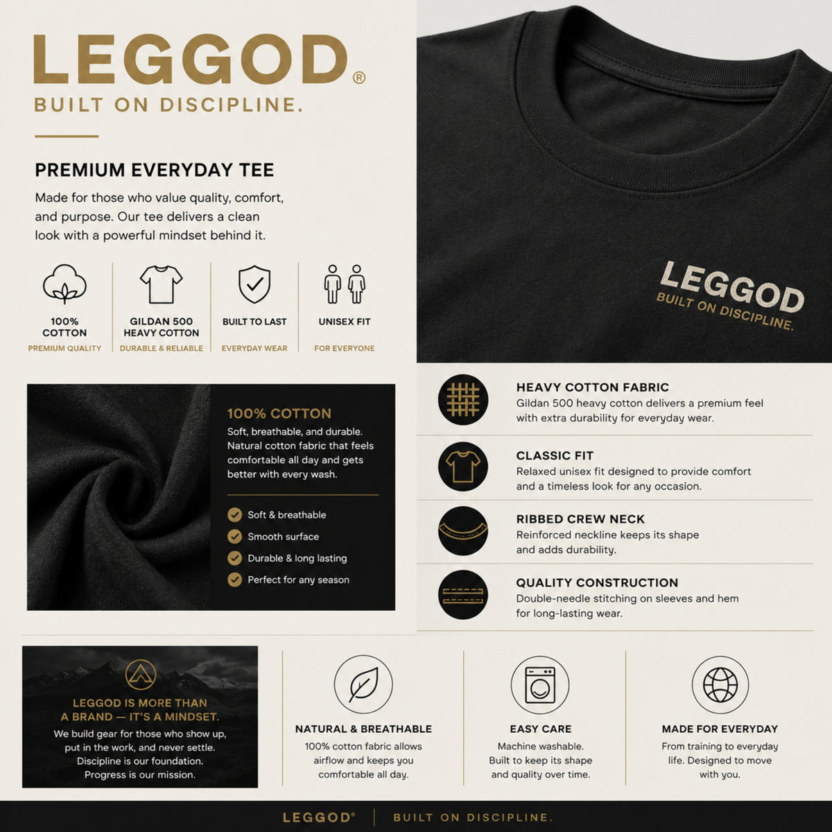 LEGGOD Built on Discipline T-Shirt | Premium Minimalist Graphic Tee | Heavy Cotton Unisex Streetwear Shirt | Gildan 500